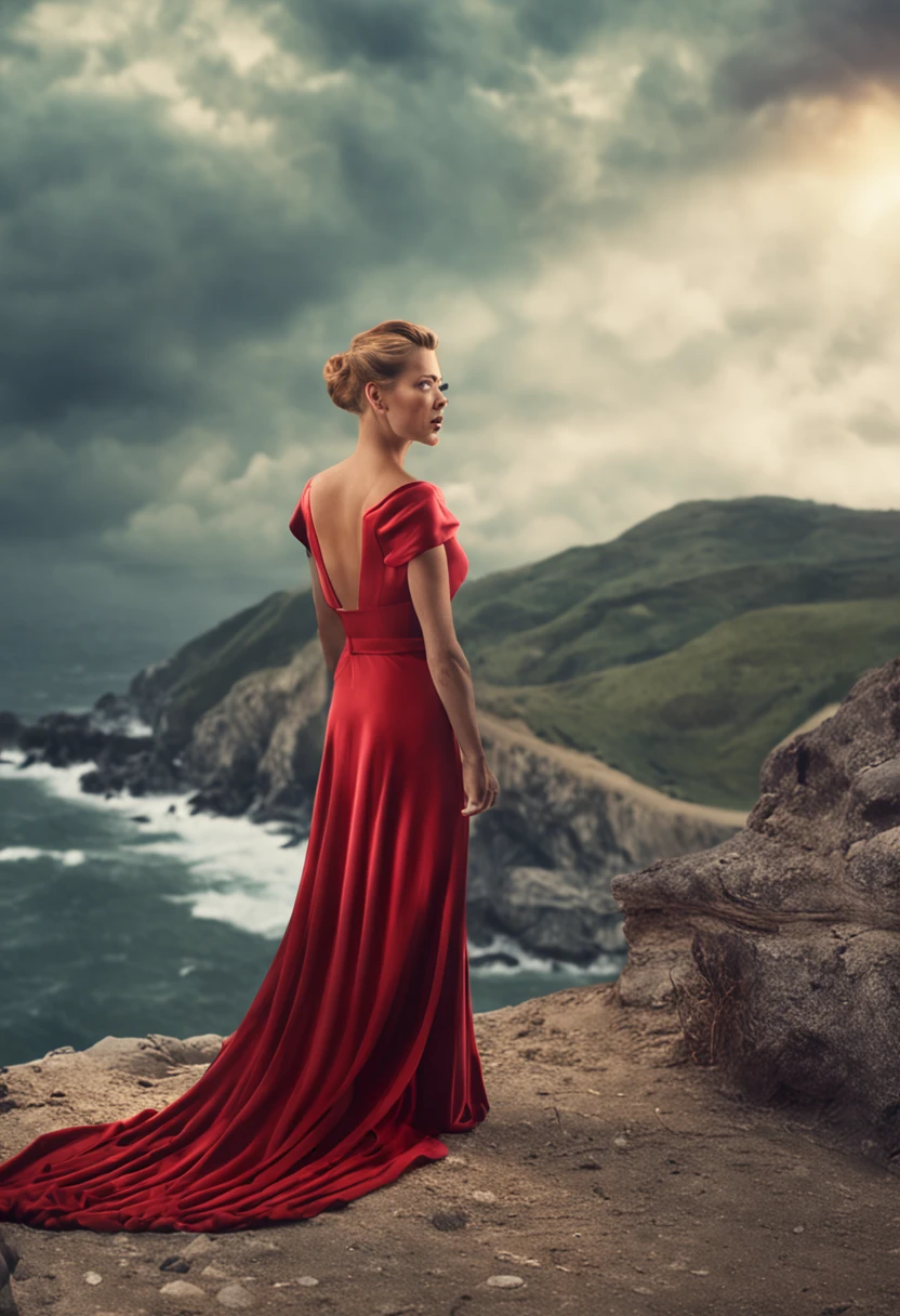 A woman in a red dress standing on a cliff overlooking the ocean - SeaArt AI