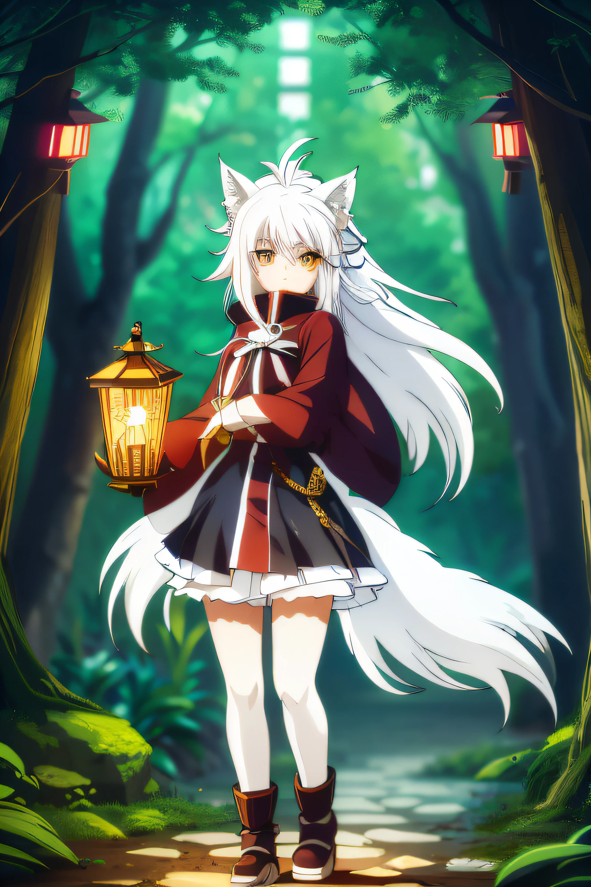 Anime girl with white hair and long white hair holding a lantern, White-haired fox, white fox anime, kitsune holding torch, anime lush john 8k woods, Holo is a wolf girl, Kitsune, fox nobushi, Vampire White Fox, Very beautiful anime cat girl, beautiful anime catgirl, kitsune three - tailed fox