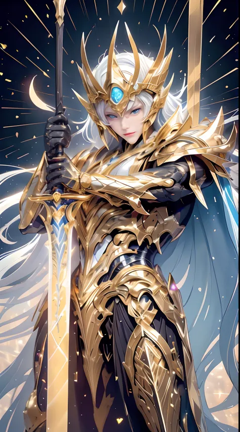 An awe-inspiring paladin wearing golden armor, wielding a sword imbued with radiant light, and holding a golden giant shield. The paladin’s blue eyes shine with determination as they navigate through the dark and mysterious cityscape. The glow of the palad...