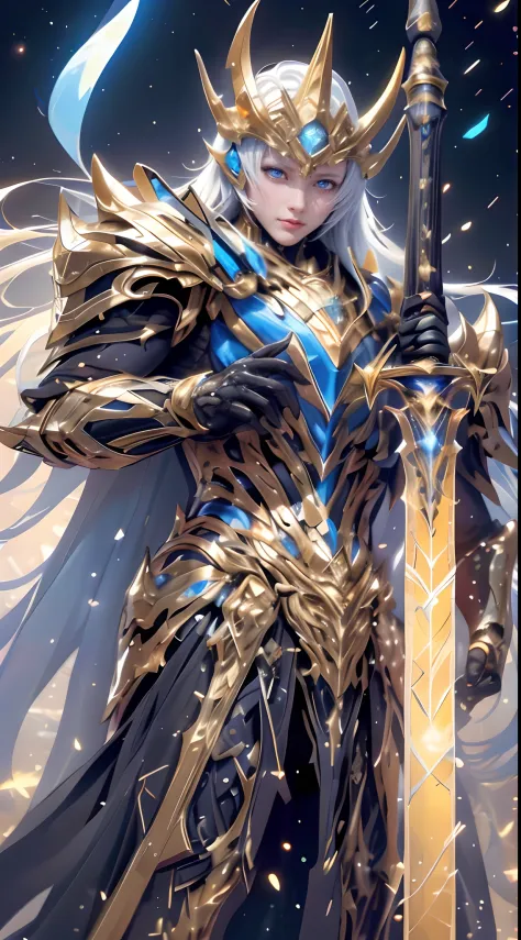 An awe-inspiring paladin wearing golden armor, wielding a sword imbued with radiant light, and holding a golden giant shield. The paladin’s blue eyes shine with determination as they navigate through the dark and mysterious cityscape. The glow of the palad...