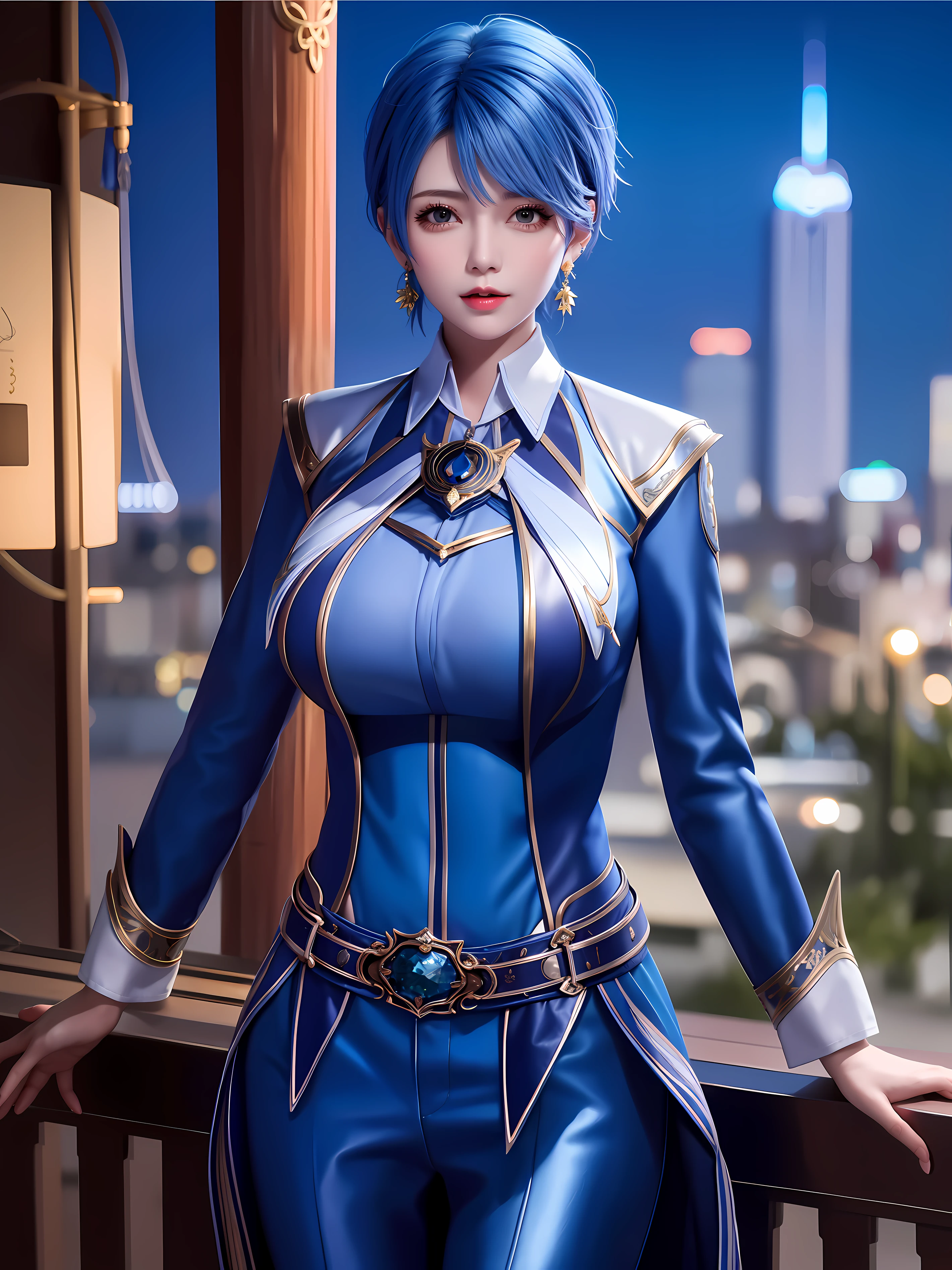 1girll, Mature female, Cityscape, Night, view the viewer, Short hair, belt,Blue shirt,jewelry, Earrings, , Long sleeves, Collar,Pants, Trim,huge tretch breast makeup，