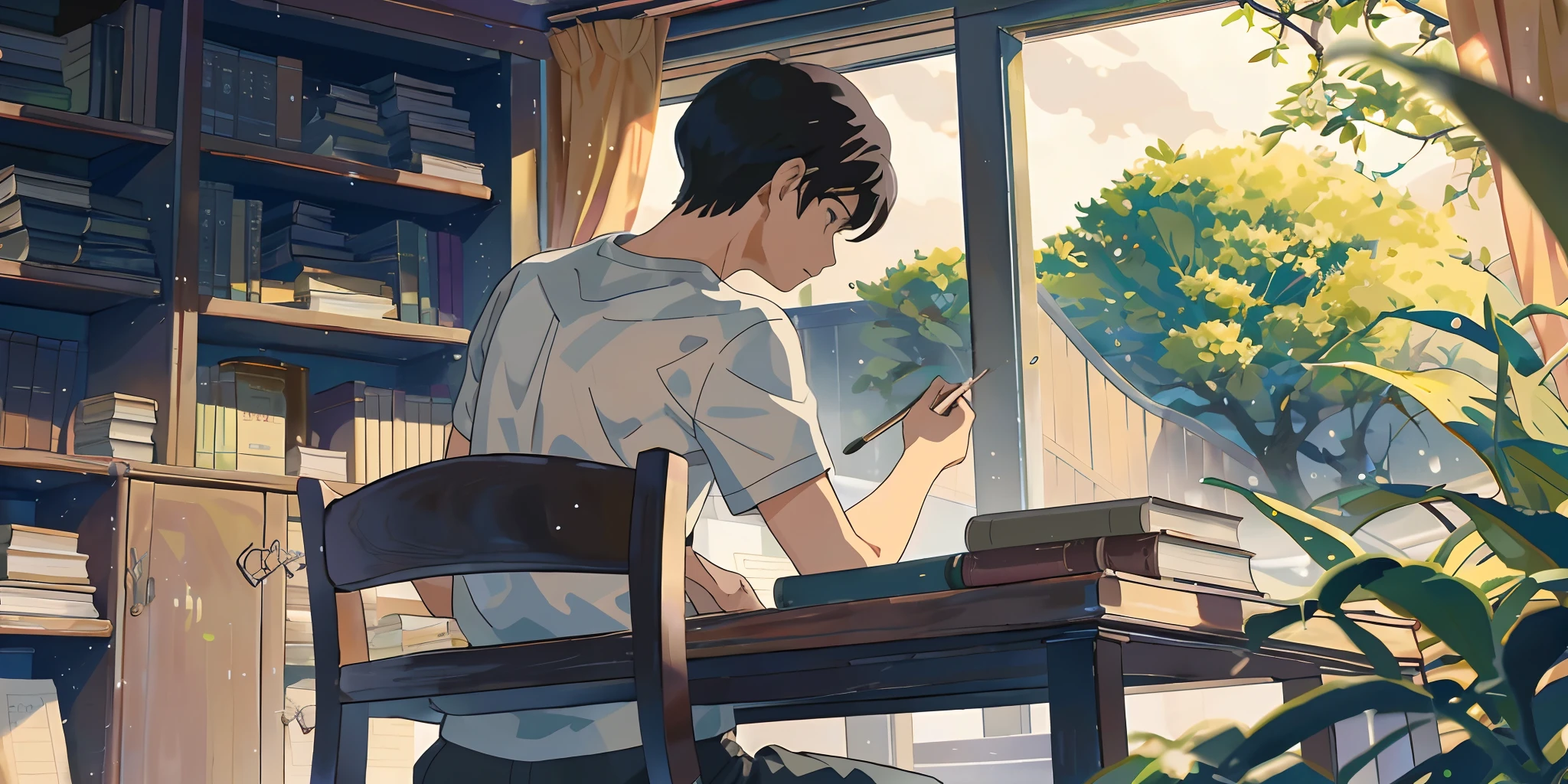 (Masterpiece:1.2), Best Quality,pixiv, The Garden of Words,
1boy, male focus, sitting, solo, At the back, Indoors, Shirt, book, black hair, Short hair, facing away, Book Stack, a table