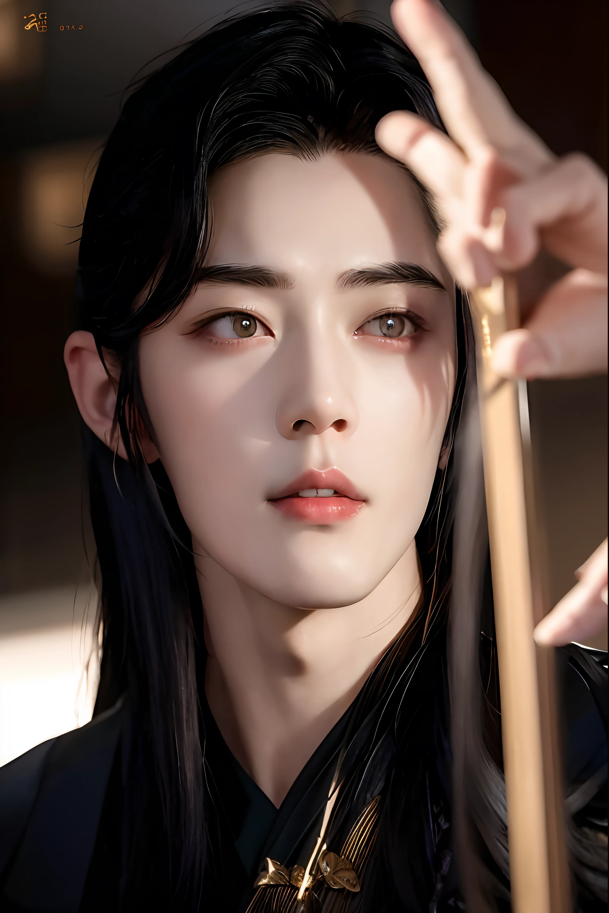 Handsome and handsome man with long hair and black dress, Xiao Zhan,Big handsome guy ,Invincible big handsome guy,The eyes are beautiful,1 7 - year - old boy thin face, handsome japanese demon boy, yanjun cheng