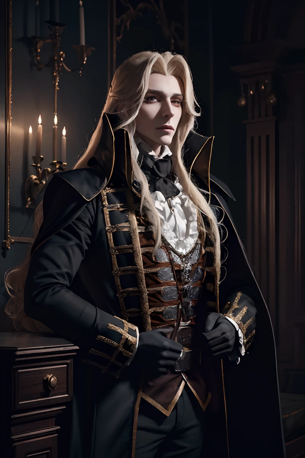 1homme, bel homme, Portrait du haut du corps d’Alucardcastlevania Porter un costume de cour dans la chambreChambre gothique, bougie, regarder le spectateur, pénombre, Sombre, horreur \(Thème\), Réaliste, longue blonde,