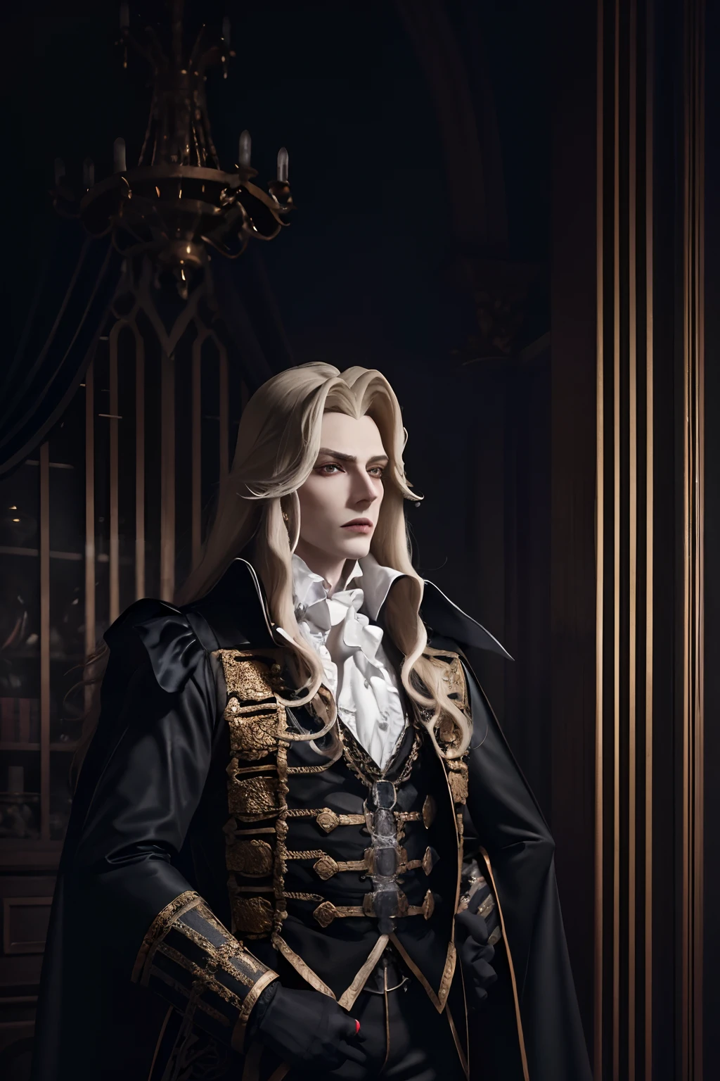 1homme, bel homme, Upper body portrait of Alucardcastlevania Wearing a court suit in the bedroomGothic room, bougie, Regarder le spectateur, Dim Light, Sombre, horreur \(theme\), Realstic, longue blonde,