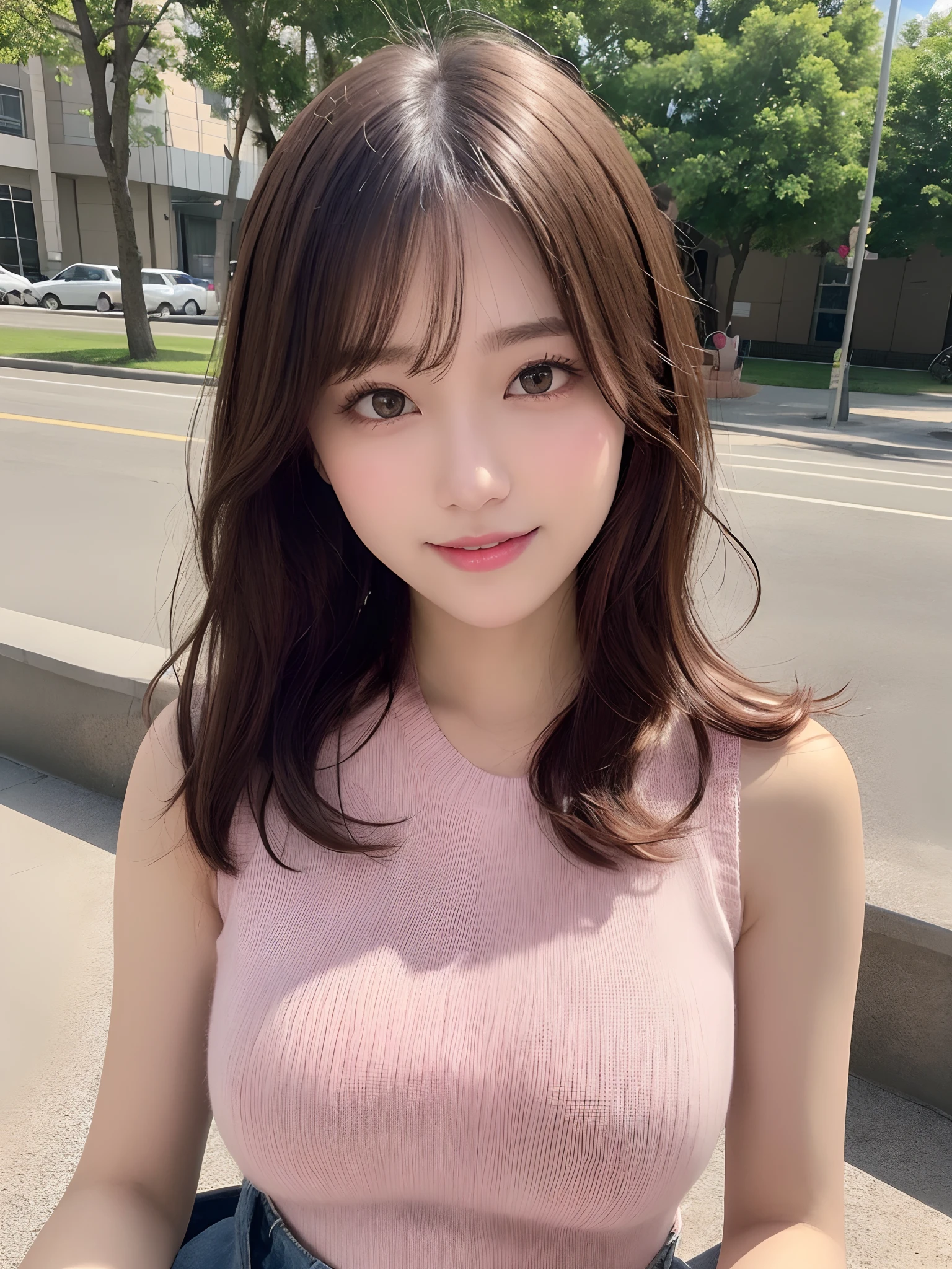 A close up of a woman with long hair wearing a pink top - SeaArt AI