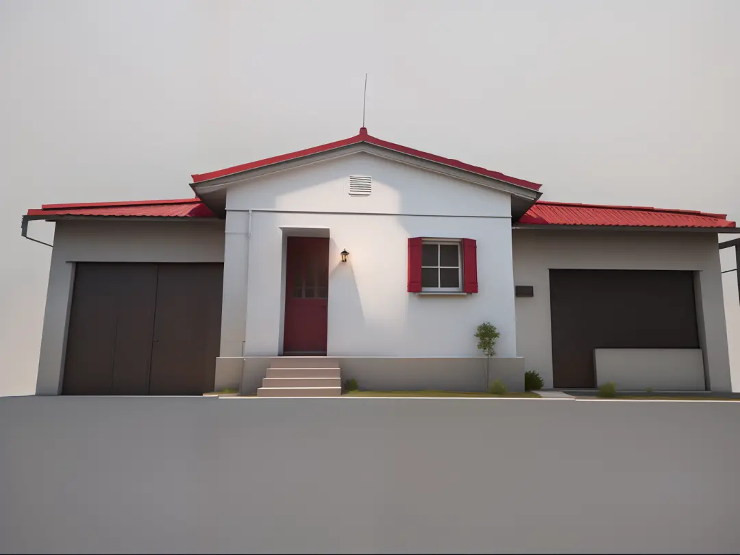 There is a small white house with a red roof and a red door, Vista frontal, vista frontal, imagem frontal, renderizar 3 d, photoreal render, renderizar no vray, lumion rendering, photographic render, Frente, 3d render irreal, clean render, photorender, [ F...