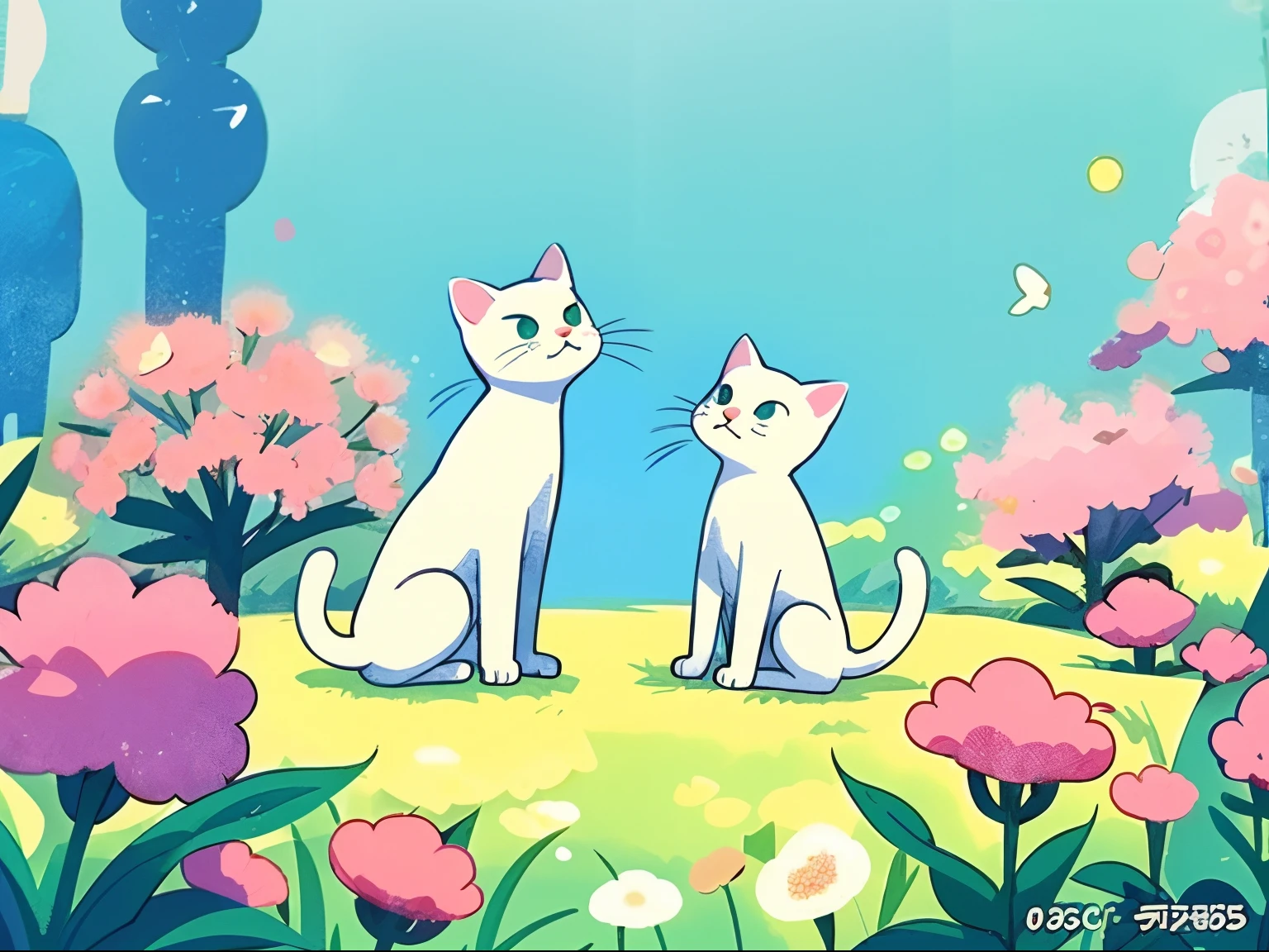 There is a white cat sitting on the green grass, lovely art style, Soft anime illustration, 、voice, Kawaii cat, White cat, anime visual of a cute cat, official fanart, Cute detailed digital art, anime cat, cute illustration, official character illustration, Furry cat, full-colour illustration, Anime style illustration, Cute cat, Digital anime illustration，Squat among the flowers，looking to the camera，Close-up, There are pink flowers around，simplebackground