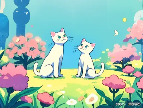There is a white cat sitting on the green grass, lovely art style, Soft anime illustration, 、voice, Kawaii cat, White cat, anime...