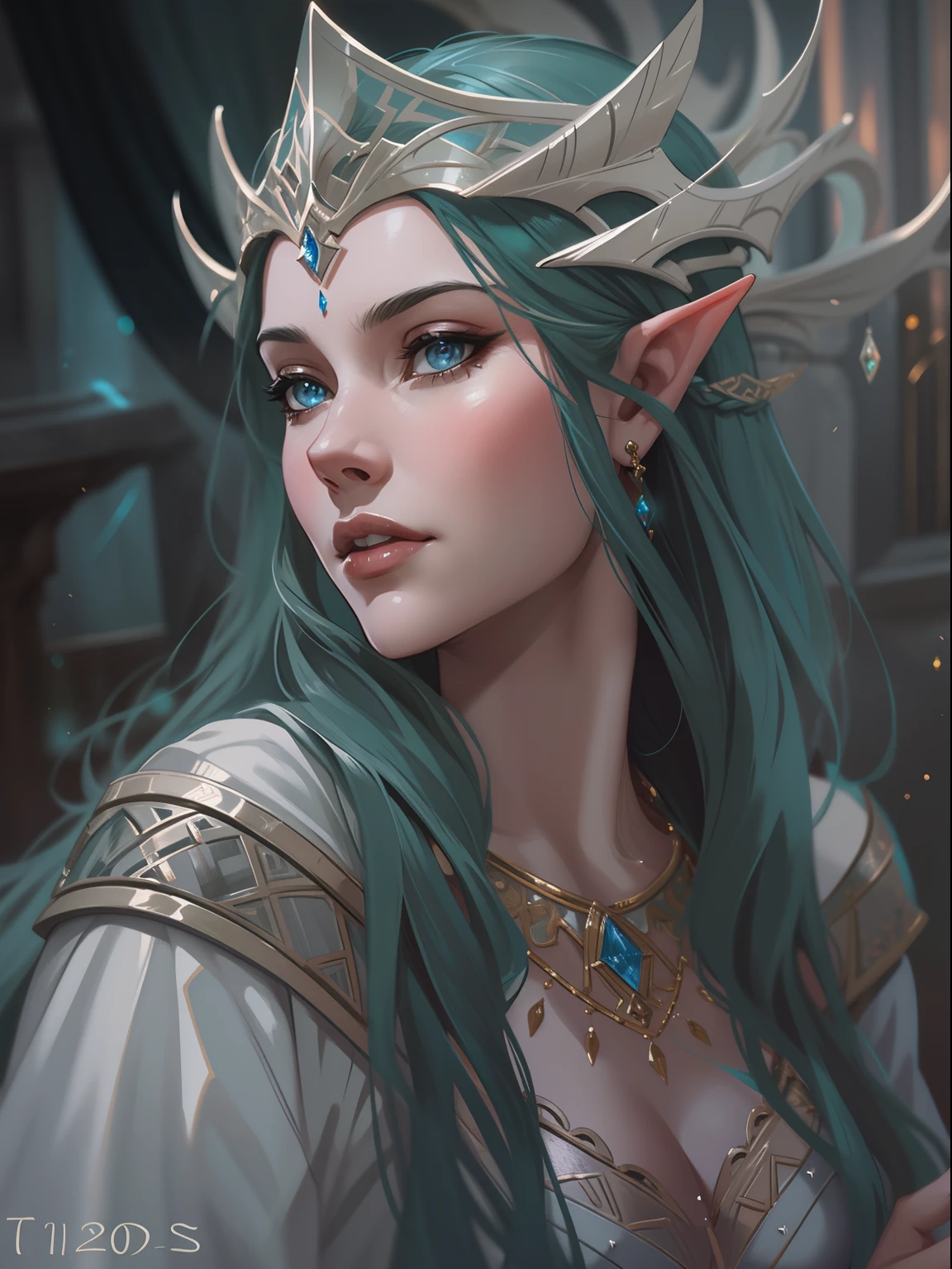 D&D drawing, Lúthien Tinuviel the elven lady of Silmarillion, expression sweet, close-up intensity, masterpiece, best quality, ultra-detailed, cinematic beautiful lighting, intricate details, looking at viewer, depth of field-ar 2:3-s 200