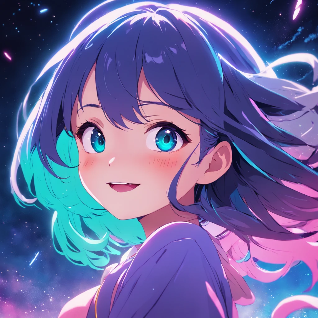 masterpiece, best quality, movie still, 1girl, neon background, cute smile, cute girl, anime style, kawaii, colorful, cosmic girl, floating in the sky, close-up, bright, happy, neon soft lighting, cosmic, dark blue, neon hair, neon eyes, purple, (sparks:0.7)