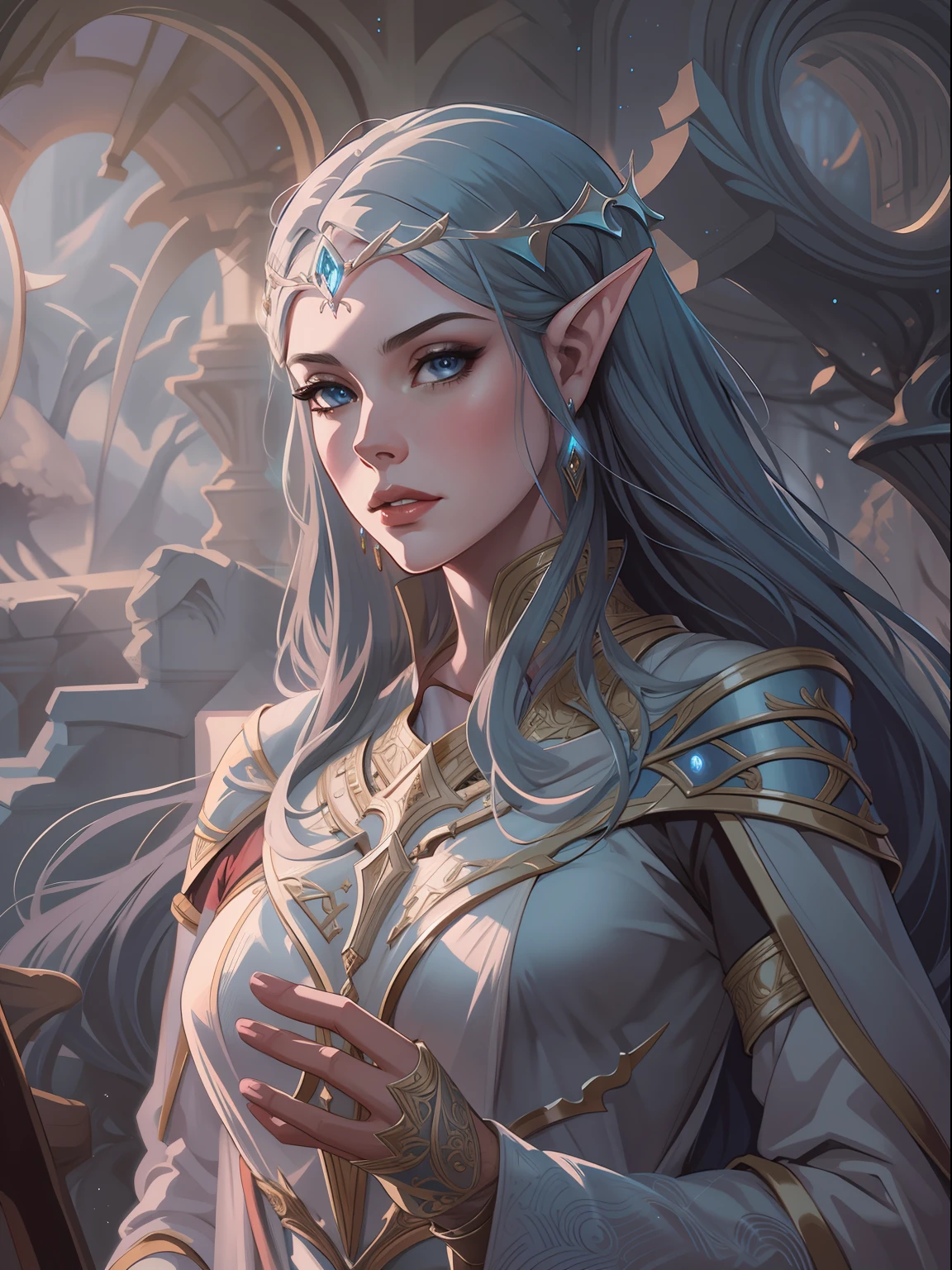 D&D drawing, Lúthien Tinuviel the elven lady of Silmarillion, expression sweet, close-up intensity, masterpiece, best quality, ultra-detailed, cinematic beautiful lighting, intricate details, looking at viewer, depth of field-ar 2:3-s 200