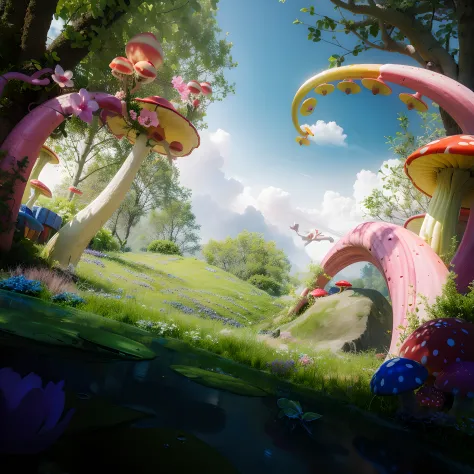 There is a picture of a colorful mushroom garden，There are flowers inside, whimsical fantasy landscape art, beautiful render of ...