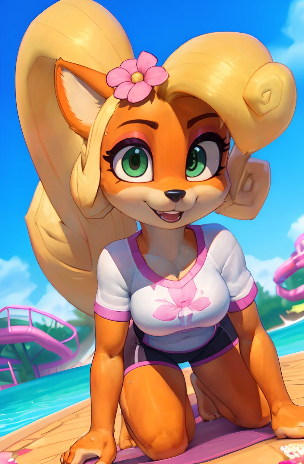 [Coco bandicoot], [Uploaded to e621.net; (Pixelsketcher), (wamudraws)], ((masterpiece)), ((solo portrait)), ((full body)), ((front view)), ((feet visible)), ((furry; anthro)), ((detailed fur)), ((detailed shading)), ((beautiful 3D art)), {anthro; (orange fur, black nose), cute green eyes, happy open smile, blonde curly hair, curly ponytail, camel toe}, {(pink flower on white shirt), (tight high-legged yoga shorts), small , (beautiful feet), (pink flower in hair)}, {(crawl), (all fours), (splash)}, [background; (water park), (blue sky), (sunny)]