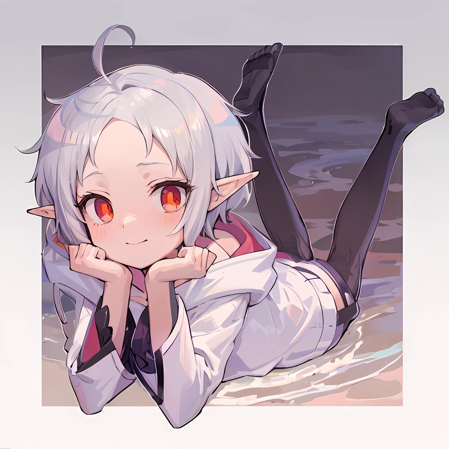 Anime girl lie down，arms folded，closing her eyes, rei hiroe, Elf Girl, neferpitou, Loli, rogue anime girl ayanami rei, holding a pudica pose, lying dynamic pose, shirabii, an elf, negao, tchibi, tatsumaki, Little ghost, ¯_(ツ)_/¯, little elf girl