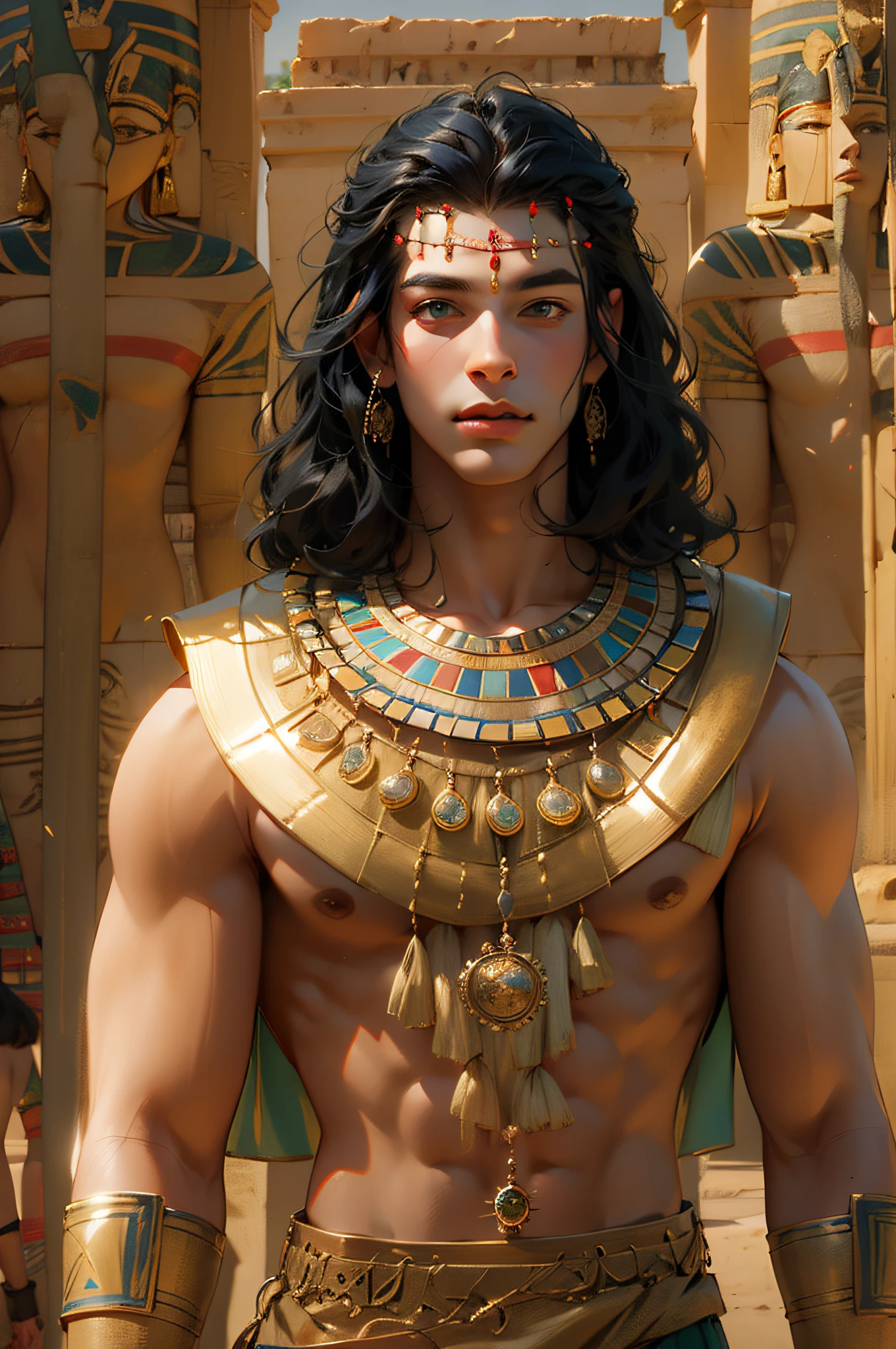 1 hombre，Hombre con pelo largo y negro，vestimenta egipcia，disfraz egipcio，jóvenes，vestimenta egipcia，disfraz egipcio，ojos negros，Ojos elaborados，cara hermosa，Párate junto al estanque de lotos，Meticulous CG，imagenes de pelicula，la piel es suave y clara，calidad de imagen súper alta，Egyptian pharaoh，Delineador de ojos negro tradicional egipcio，Sostenga el cetro del faraón，dios del sol egipcio