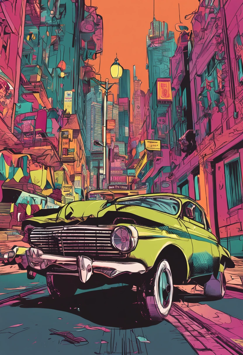 Uma ilustração colorida de um carro dirigindo por uma rua da cidade -  SeaArt AI