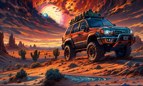 "SUV car, award-winning masterpiece, rendered in anime style with an oil painting effect. The vibrant illustration captures horr...
