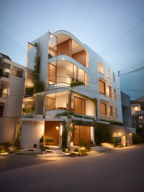 (Townhouse in city ,close houses and trees), daylight ( best quality) ((high solution)) ,(( photo realistic)) ,warm light, (sharp focus) front view of townhouse in style of modern,small house, Narrow area,VietNam,facade, curved arch,beautiful facade,curved...