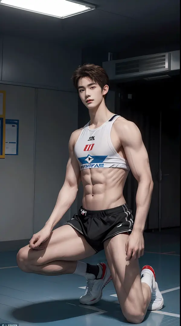 (((Best quality))),(((Ultra detailed))),(((Masterpiece)))，（Cute tall Shota：2），The height of a volleyball player，Bodybuilding champion，solo person，（full bodyesbian：3），（Stay away from the lens：3），Expose your legs，（revealing the whole body：2），（Frontal heads-u...