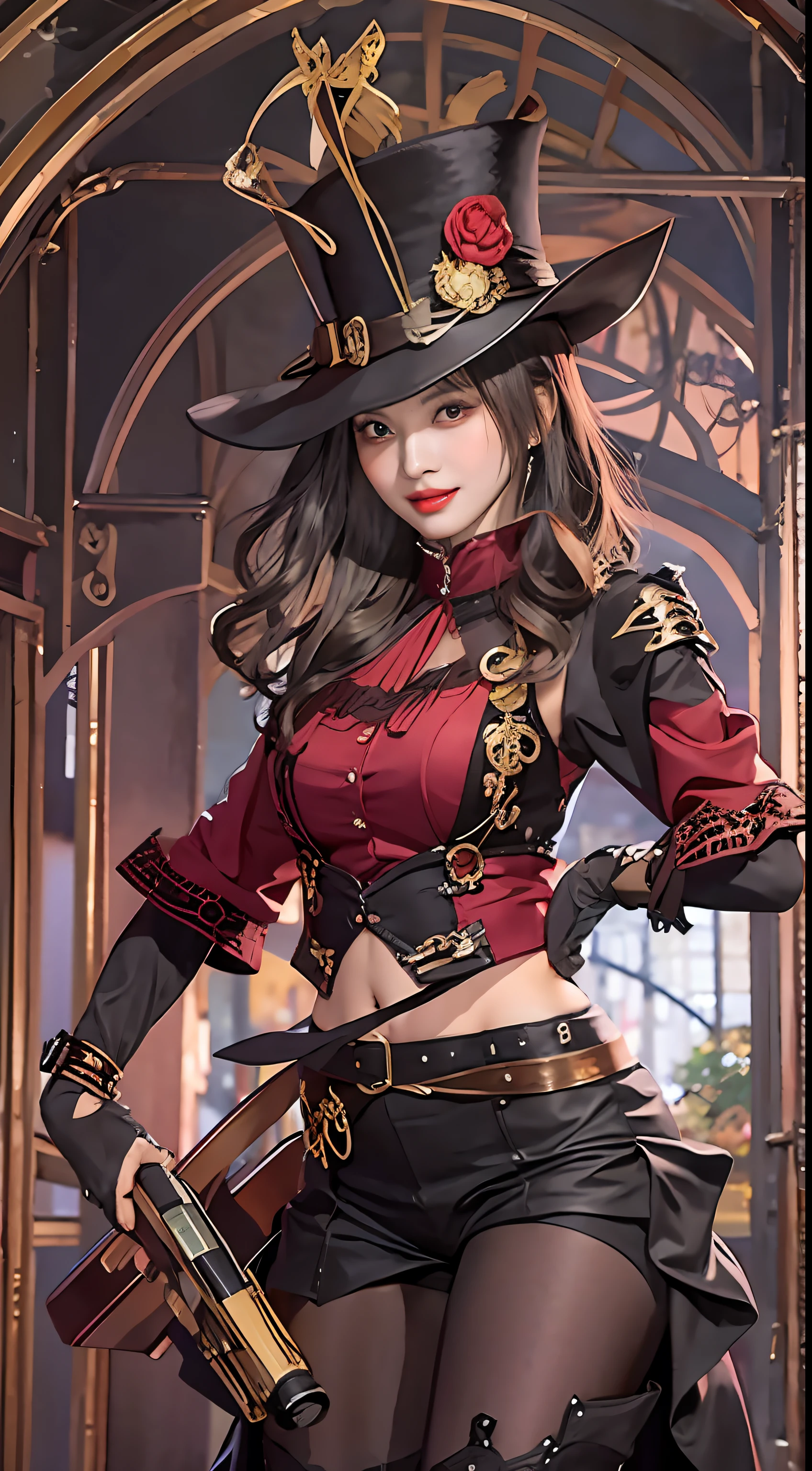 Lady of Alafed – Steampunk costume and hat pose, steampunk beautiful anime woman, **a woman holds a steampunk gun in her hands, in the style of light red and dark maroon, bold fashion photography, elaborate costumes, brushwork mastery, sombre, tabletop photography, tondo, by Yang J, guweiz on artstation pixiv, Stunning character art, cushart krenz key art feminine, fantasy outfit, guweiz on pixiv artstation, chengwei pan on artstation, style of wlop