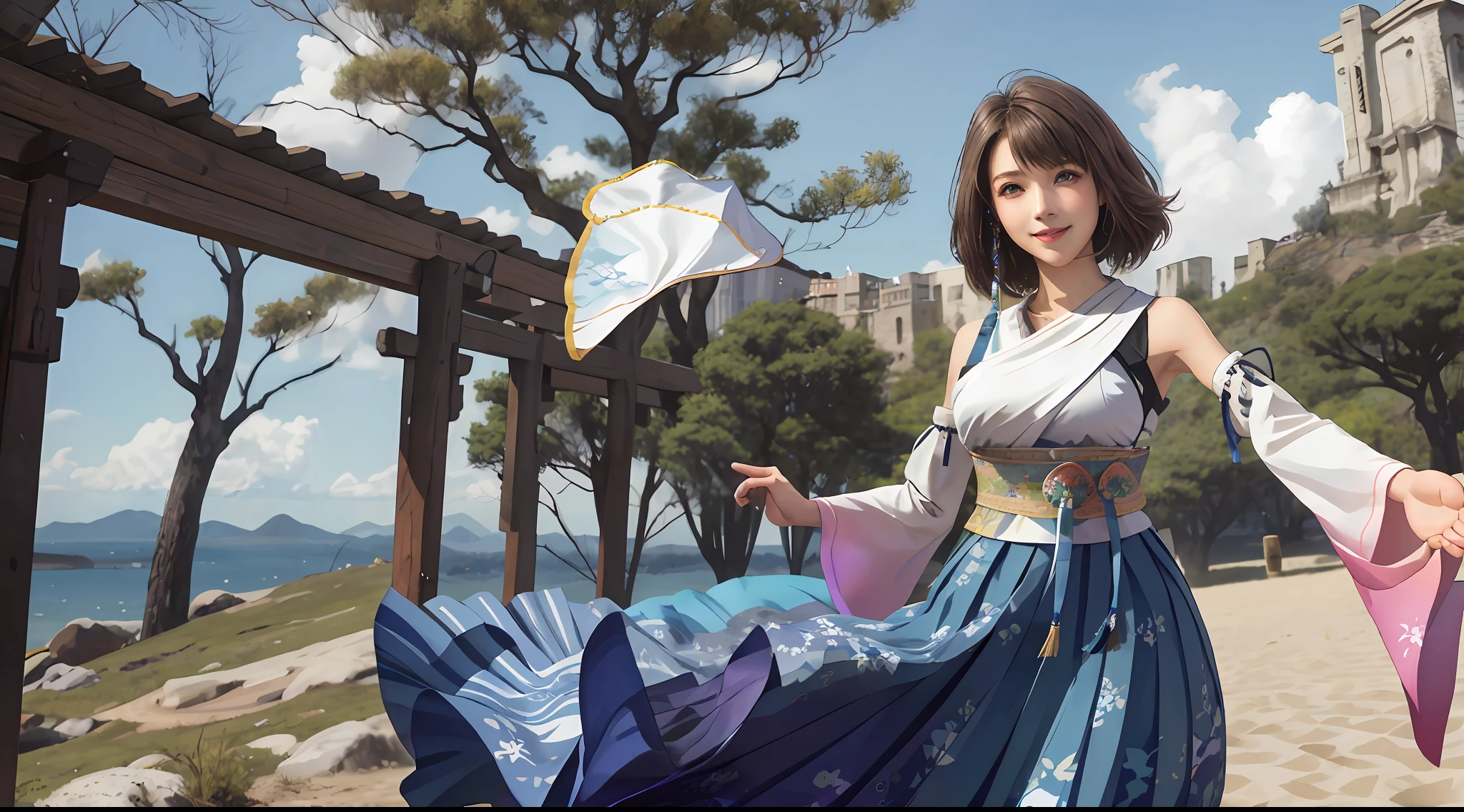 Masterpiece, Best quality, one-girl,  solo，Solo, YunaFFX, Heterochromia, Short hair, YunaOutfit, hair adornments, Detached sleeves, hakama, sash, Hakama skirt, Long skirt, Cowboy shot, Smile, Spectacular views of the open