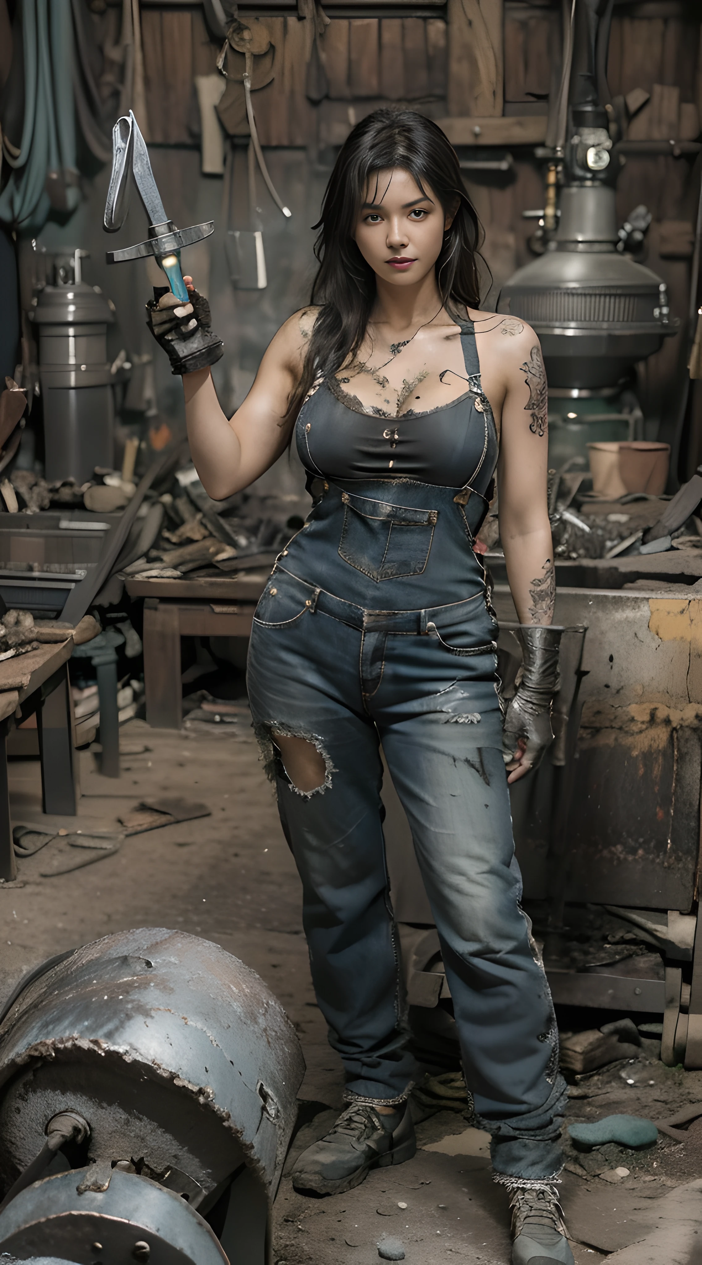 ((best quality)), ((masterpiece)), (detailed), mesmerizing and alluring female blacksmith covered in soot,Confident smile，Look into the camera，(Dirty and rugged charm:1.2), (tough and confident demeanor:1.1), (forging expertise:1.3), disheveled hair, smudged face with a playful smirk, naked under stained overalls clinging to her curves(huge breasts:1.3), (gritty tools of the trade:1.2), cluttered foundry, scattered metal parts, (authentic blacksmith foundry ambiance:1.2), (intense gaze:1.1), gripping a welding torch in her dirty hands, 8k resolution,looking at another, looking away,( tattoo:1.2), masterpiece, best quality,Photorealistic, ultra-high resolution, photographic light