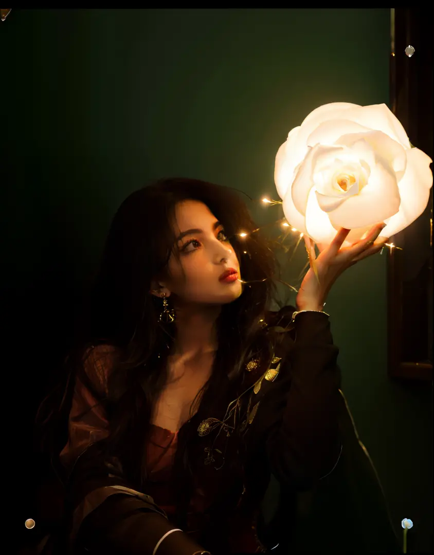 arafed woman holding a lamp in her hand in a dark room, lights with bloom, holding up a night lamp, lights on, emerging from her...