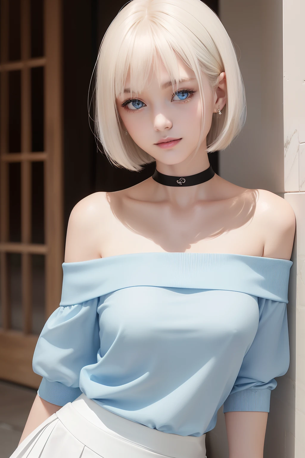 top-quality, 超A high resolution, (Photorealsitic:1.4), 1 beautiful girl, ((Off-the-shoulder light blue shirt)), (White tight skirt), Black Choker, (japanese beauty girl), (Lustrous blonde hair), ((a short bob)), ((A slender)), (medium cleavage), a closeup, (ssmile), model shot, ((NiziU Riku))