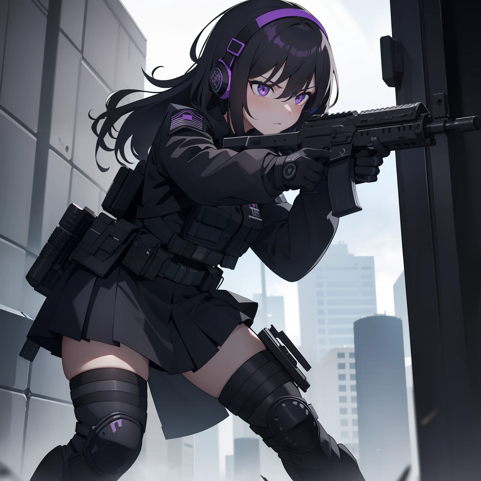 1girl, tactical black helmet, tactical black railed headset, purple eyes, focused, grunt, black long messy hair, black camo uniform, black shoulder pads, black tactical vest, black armor pads, black handgun holster, black tactical socks, holding a handgun, bullets, stance, shield, holding tactical radio, black skirt