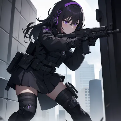 1girl, tactical black helmet, tactical black railed headset, purple eyes, focused, grunt, black long messy hair, black camo unif...