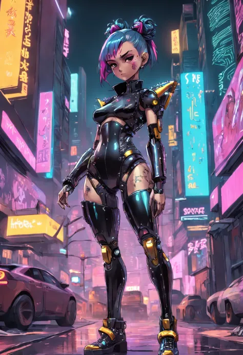 Cyberpunk woman + gta5 + The gang of epic Looney Tunes ncredibly detailed cyberpunk robotic chrome tight outfit, highly detailed futuristic with many studded textures