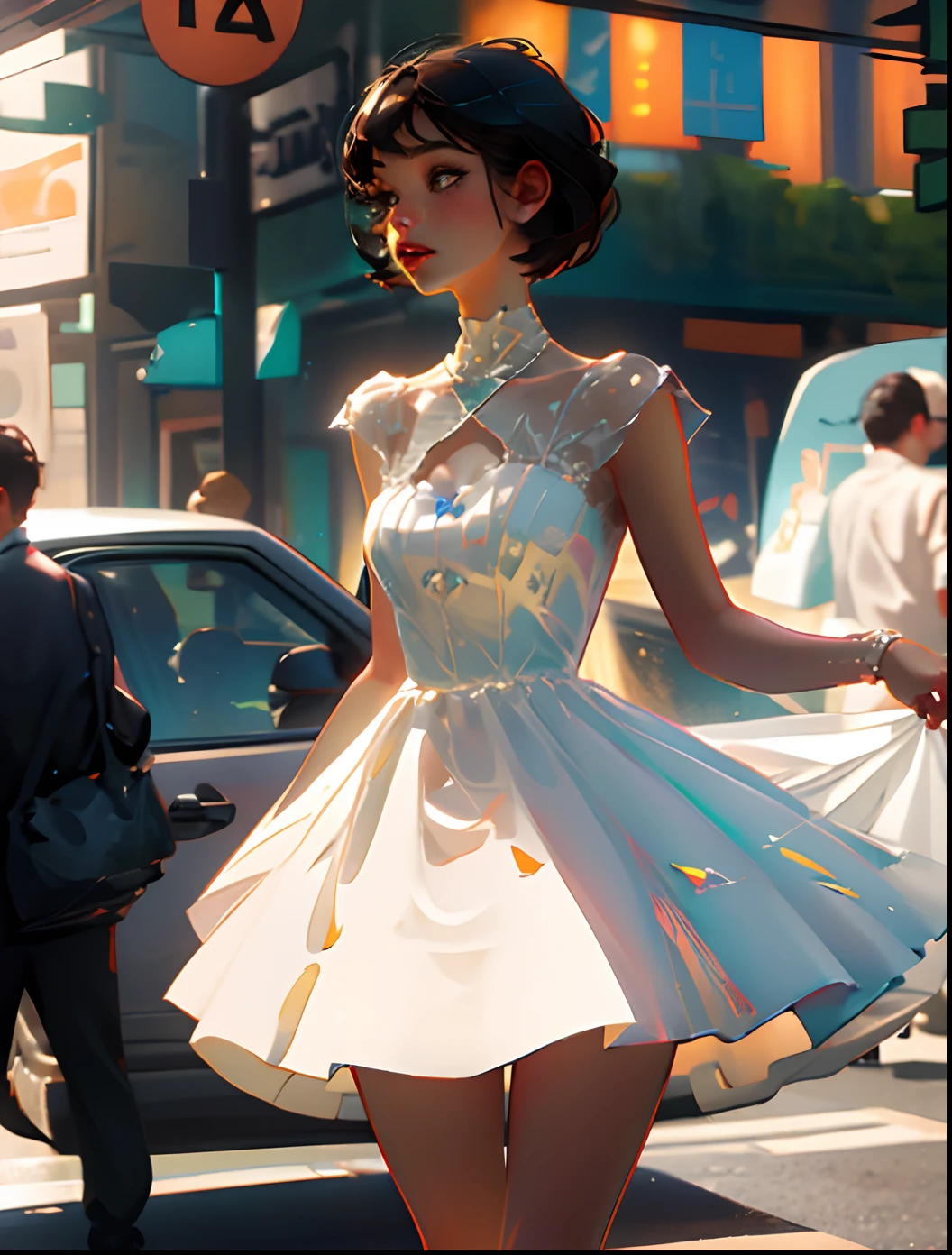 Garota de anime em um vestido branco andando por uma rua - SeaArt AI