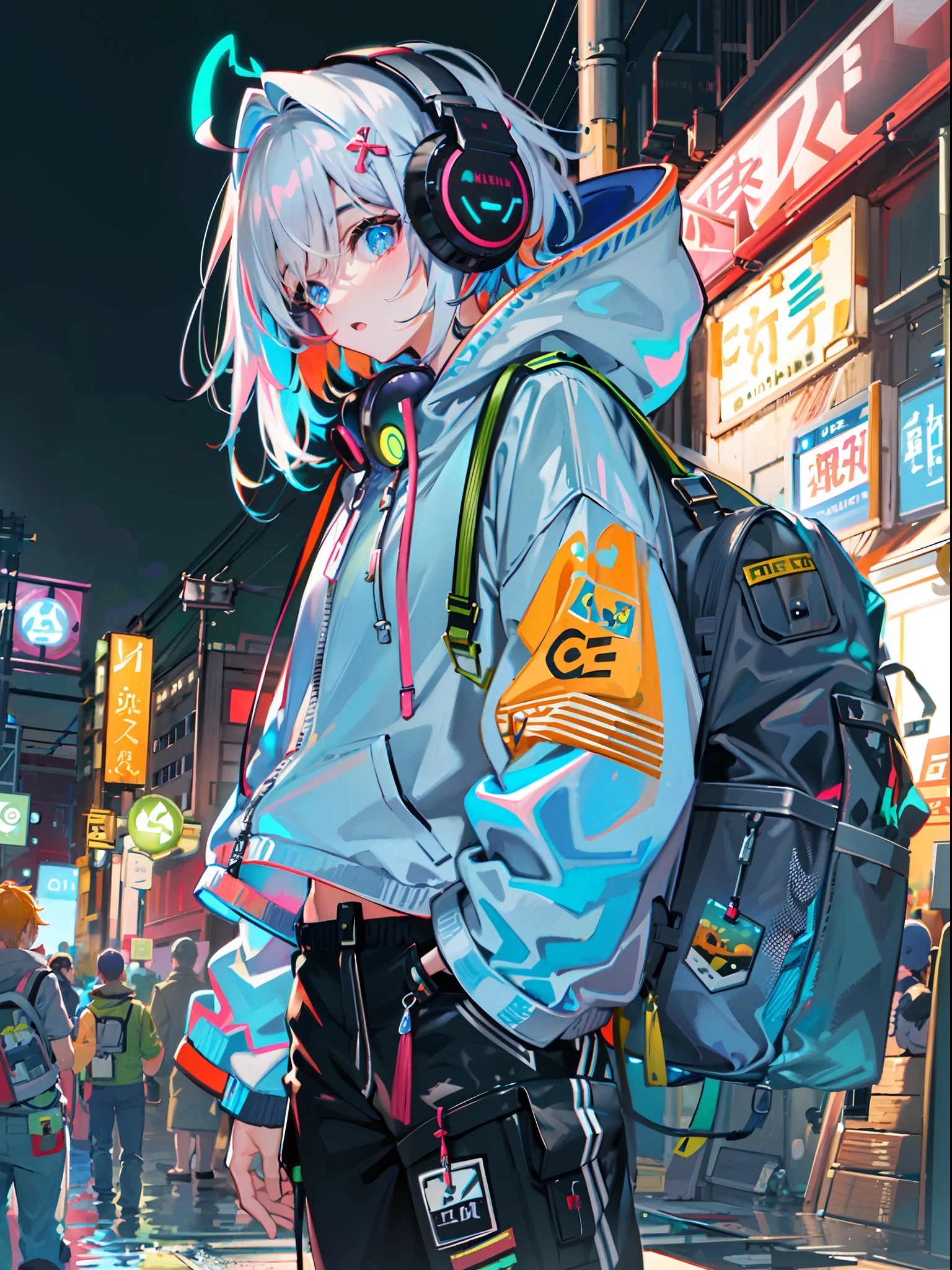 8K resolution、((top-quality))、((​masterpiece))、((Ultra-detail))、1 woman、solo、incredibly absurdness、Oversized hoodies、headphones、Street、plein air、Sateen、Neon Street、Shortcut Hair、Brightly colored eyes、Hands in pockets、shortpants、water dripping