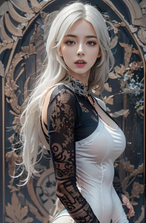 Photorealistic, high resolution, 1 Women, Solo, Hips up, view the viewer, (Detailed face), White hair, Black lace bodysuit