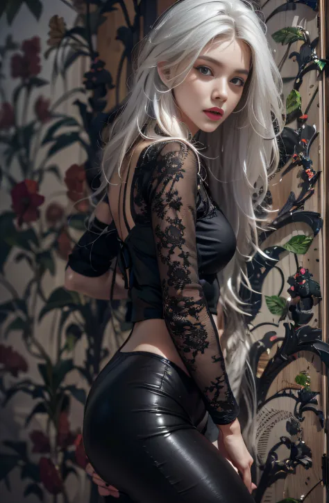 Photorealistic, high resolution, 1 Women, Solo, Hips up, view the viewer, (Detailed face), White hair, Black lace bodysuit