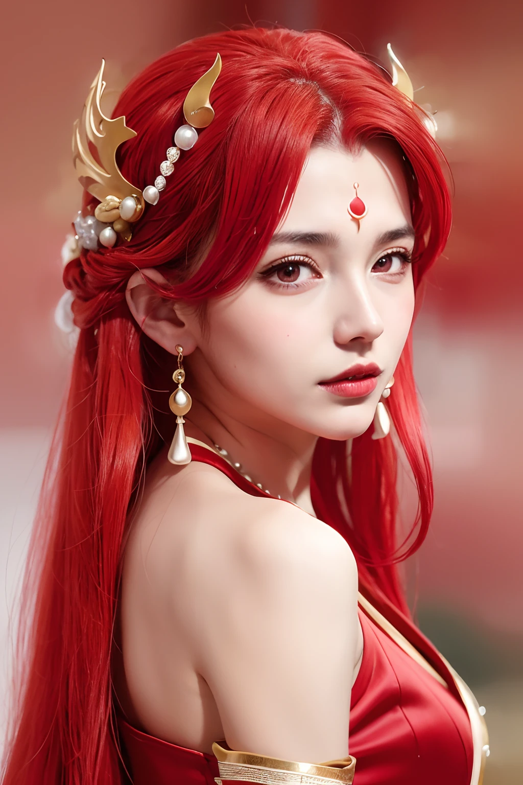 Girl, young and beautiful, tall and beautiful, fair face, perfect features, tall and beautiful, fair skin, good figure, heroic and valiant, heroic and valiant, wearing ancient Chinese armor, female general, Chinese landscape background, standing on the top of the mountain, 500 years ago, starry night, realistic, detailed, 8k, mix4,   red_dress,starry sky, fire, red hair, solo, hair ornament, long hair, red eyes, jewelry, earrings, dress, bare shoulders, red lips, upper body, white background, facial mark, crescent, lipstick, forehead mark, looking at viewer