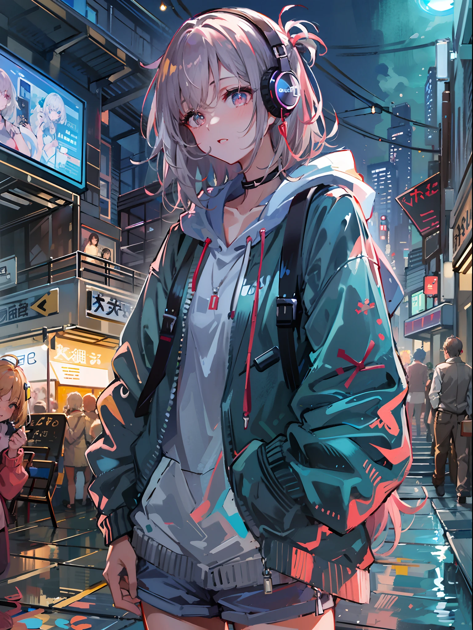 8K resolution、((top-quality))、((​masterpiece))、((Ultra-detail))、1 woman、solo、incredibly absurdness、Oversized hoodies、headphones、Street、plein air、Sateen、neons、Shortcut Hair、Brightly colored eyes、Hands in pockets、shortpants、water dripping