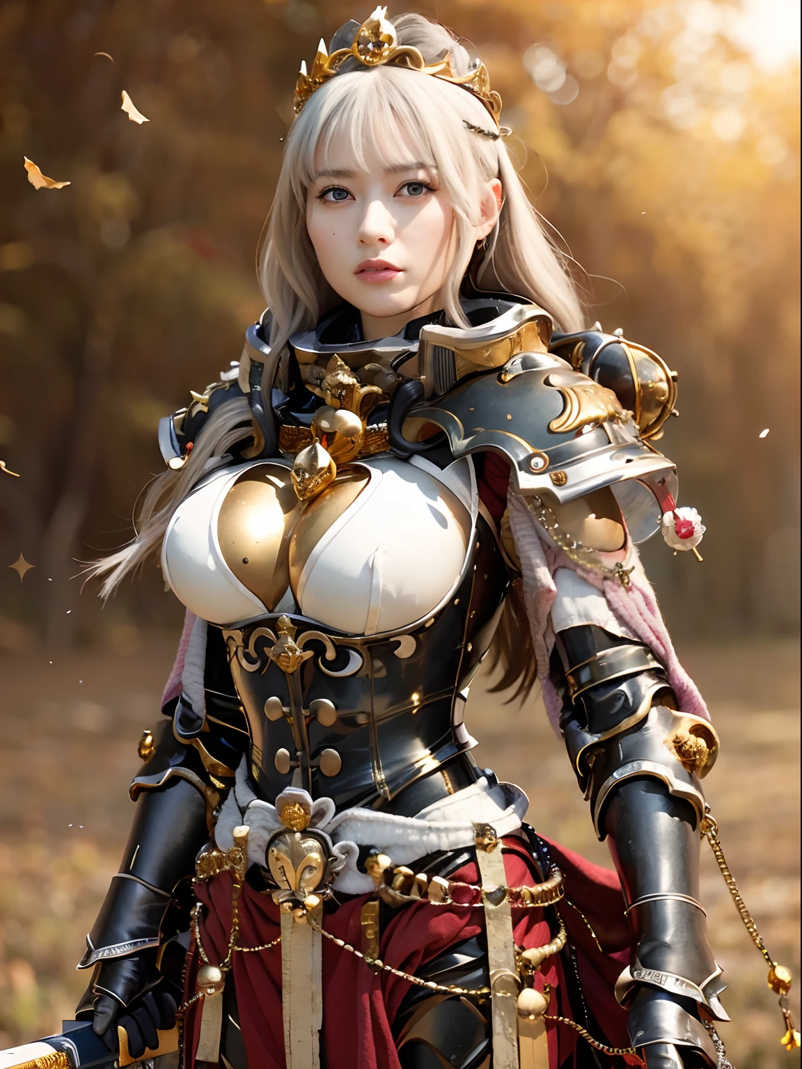 (masutepiece), Professional , ​masterpiece、top-quality、photos realistic , depth of fields （Gemstone Silver Metal Body:1.９),(Matte White、Jewel Gold Weapon（Jewel Metal Body:1.４),Gorgeous metal weapons , Detailed Sword of the Brave , Beautiful knife   ,warhammer 40k , adepta sororitas,Detail and ornate jewel crown、Golden hair、Gangle's forest background、Beautiful Caucasian beauty、１a person、dynamic ungle,(((Detailed and ornate diamond crown)))、Smaller head、A smile、Background inside the castle、Thin and beautiful female hands、cleavage of the breast、Soldier in iron armor on background、Soldier in iron armor on background、Mystical expression、Light Effects、