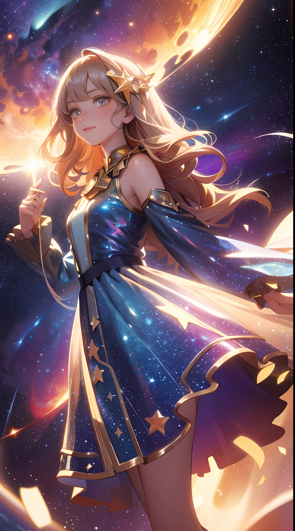 High detail, super detail, super high resolution, girl enjoying her time in the dreamy galaxy, surrounded by stars, warm light sprinkled on her, background with starry sky with colorful galaxies and galactic clouds, stars flying around her, adding a playful atmosphere ,