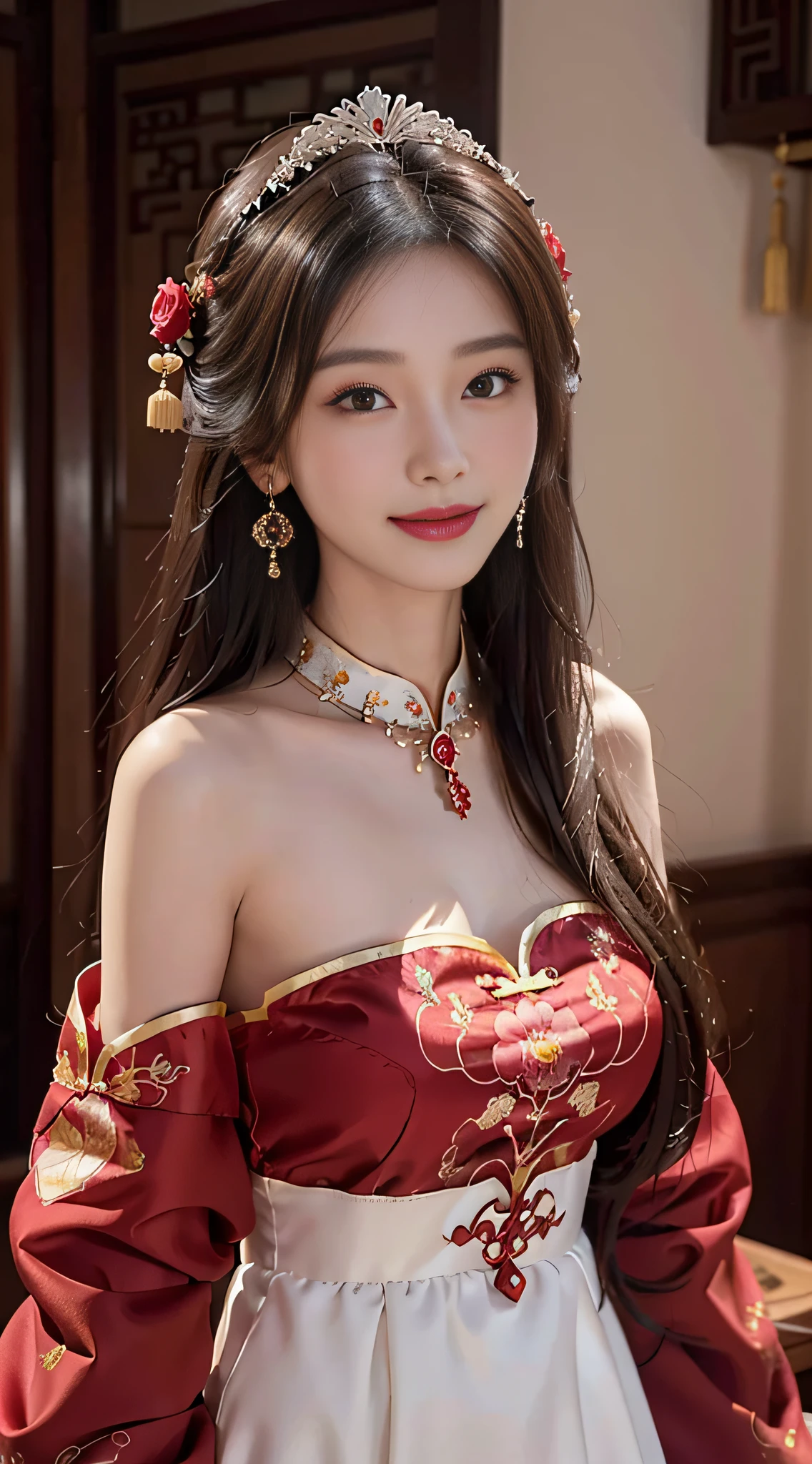 A beautyful girl，long whitr hair，(Wear a beautiful red Chinese dress)，Chinese stand collar，Exquisite embroidery，(A delicate crown was worn over his hair)，A pair of shiny earrings hang from the ears，A beautiful necklace was worn around his neck，Sweet smiling，His face flushed，ssmile，Flowers in hand