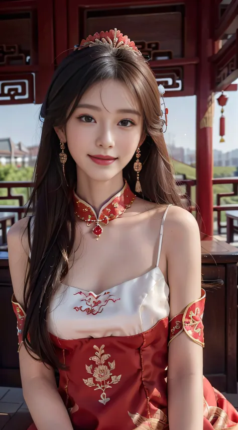 A beautyful girl，long whitr hair，(Wear a beautiful red Chinese dress)，Chinese stand collar，Exquisite embroidery，(A delicate crow...