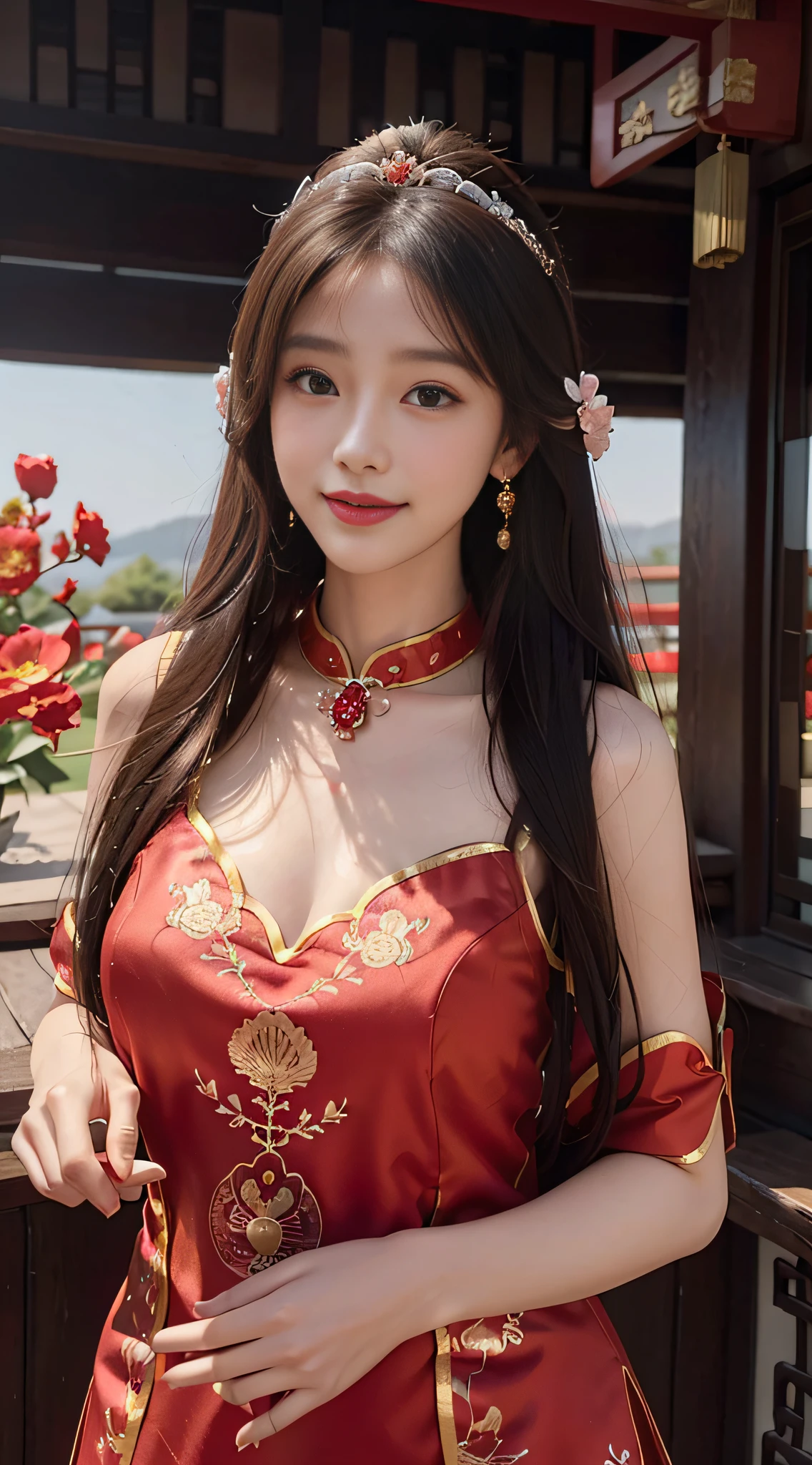 A beautyful girl，long whitr hair，(Wear a beautiful red Chinese showcase)，fine embroidery，(A delicate crown was worn over his hair)，A pair of shiny earrings hang from the ears，A beautiful necklace was worn around his neck，Sweet smiling，His face flushed，ssmile，Flowers in hand