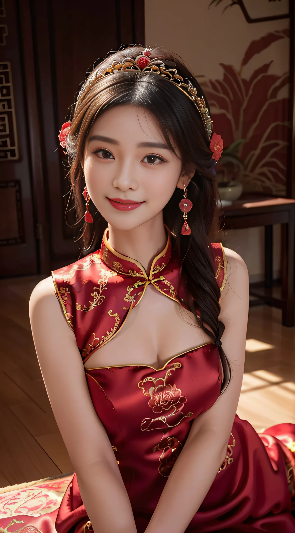 一个美丽的女孩，卷曲的头发，((美丽的红色中国秀禾服))，精细刺绣，(美丽又精致的皇冠头饰)，耳朵上挂着一对闪亮的耳环，甜美微笑，他的脸红了，微笑，手捧鲜花