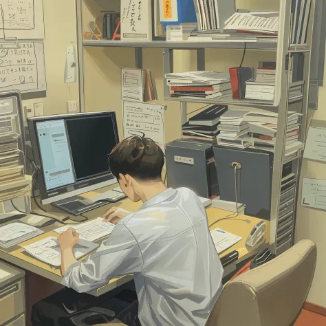 Man doing office work in room、(20yr old)、(short-haired)