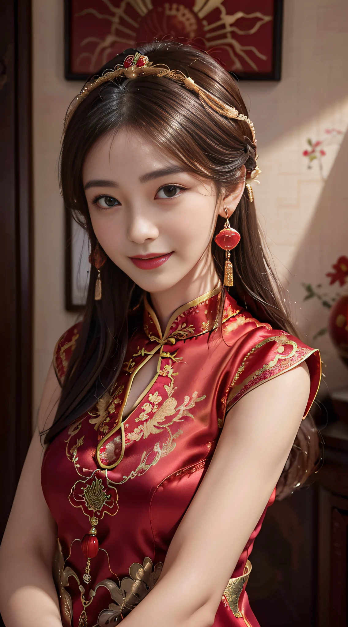 una chica hermosa，pelo enrollado，((Hermoso vestido rojo chino Xiuhe))，bordado fino，(Tocado de cuentas doradas)，Un par de pendientes brillantes cuelgan de las orejas，dulce sonrisa，Su cara se sonrojó，sonríe，flores en la mano