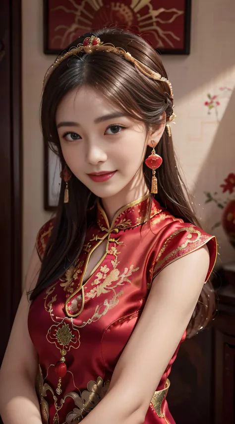 A beautyful girl，Coiled hair，((Beautiful red Chinese Xiuhe dress))，fine embroidery，(Gold bead headdress)，A pair of shiny earring...