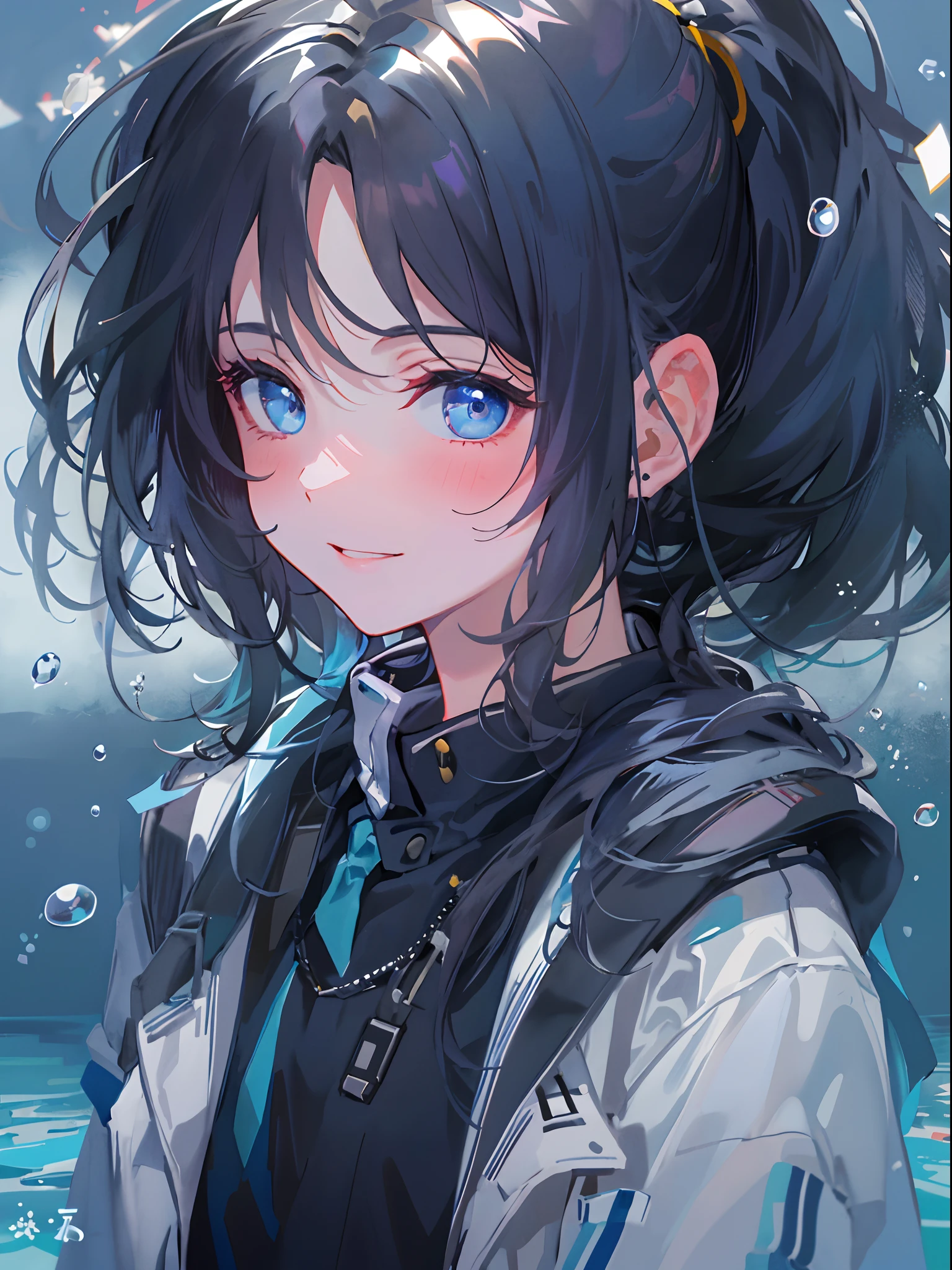 ((top-quality)), ((​masterpiece)), ((ultra-detailliert)), (extremely delicate and beautiful), girl with, solo, cold attitude,((Black jacket)),She is very(relax)with  the(Settled down)Looks,A dark-haired, depth of fields,evil smile,Bubble, under the water, Air bubble,bright light blue eyes,Inner color with black hair and light blue tips,Cold background,Bob Hair - Linear Art, shortpants、knee high socks、White uniform like school uniform、Light blue ribbon ties、Clothes are sheer、Hands in pockets、Ponytail hair、