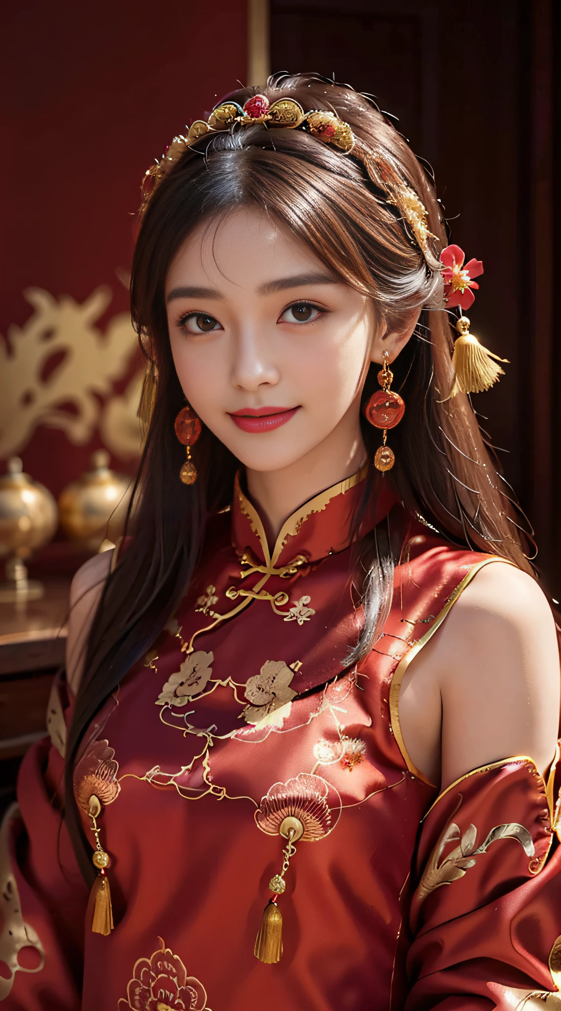 A beautyful girl，Coiled hair，((Beautiful red Chinese Xiuhe dress))，fine embroidery，(Gold bead headdress)，A pair of shiny earrings hang from the ears，Sweet smiling，His face flushed，ssmile，Flowers in hand
