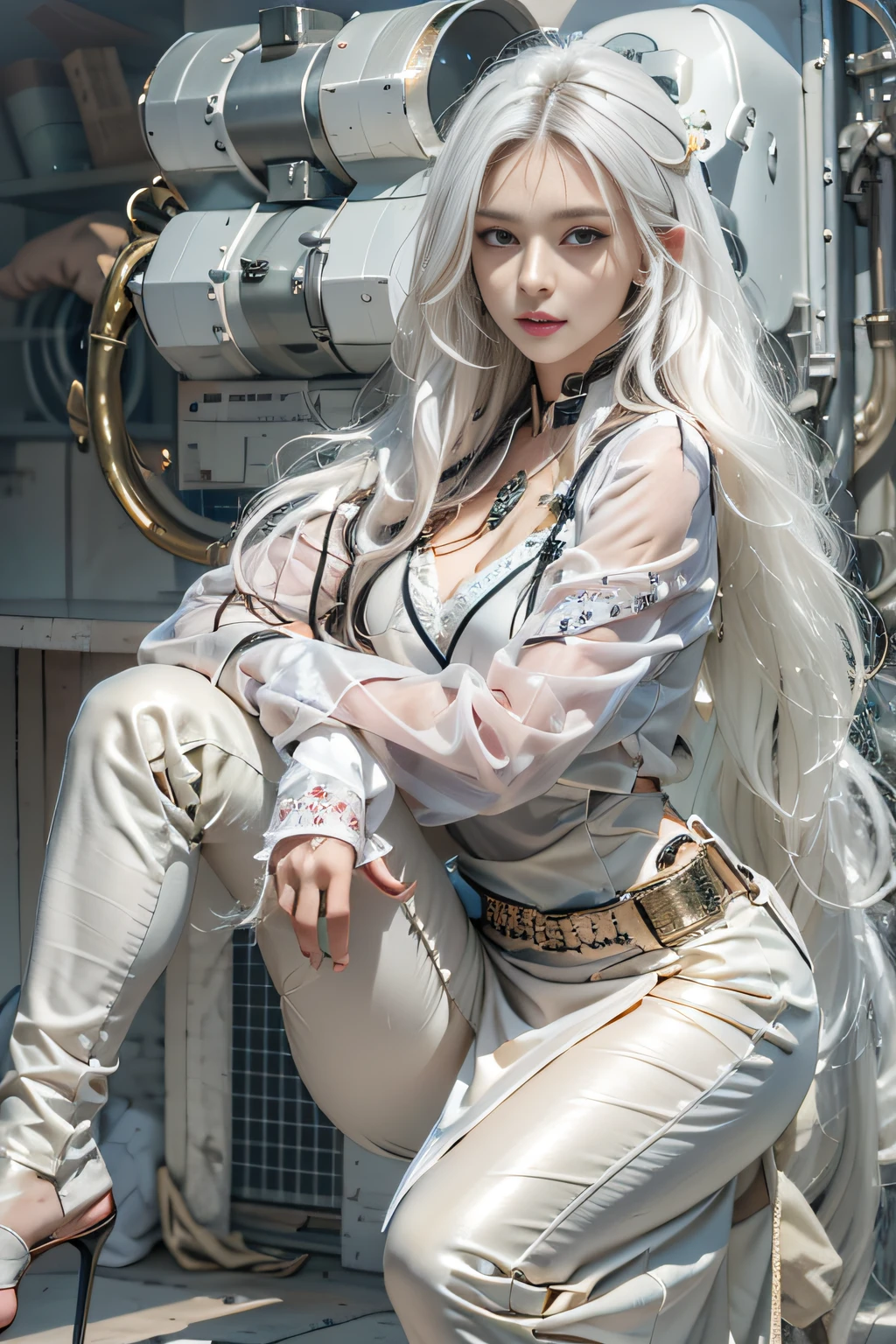 Photorealistic, high resolution, 1womanl, Solo, Hips up, view the viewer, (Detailed face), White hair, Long hair, army suit, jewelry